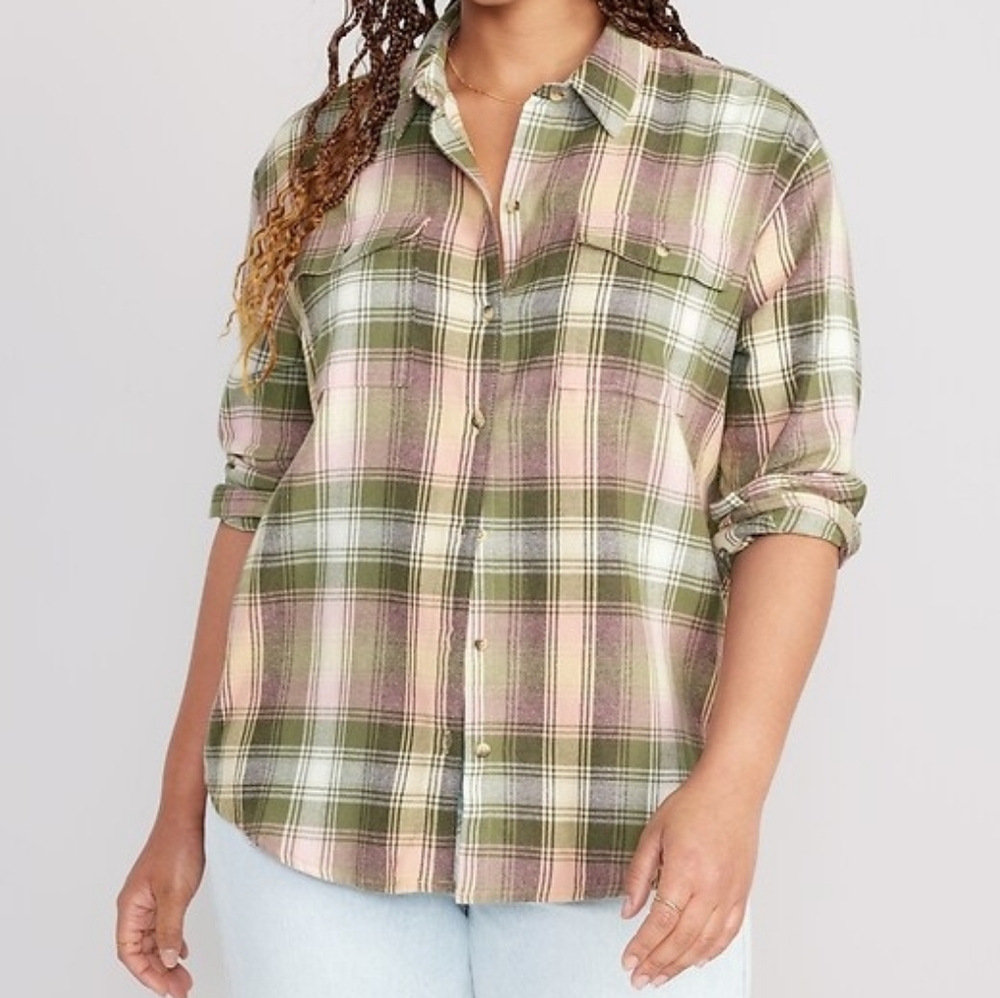 Old Navy Plaid Boyfriend Shirt in Olive & Blush LAST CHANCE
